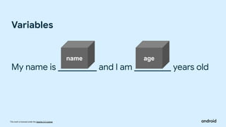 This work is licensed under the Apache 2.0 License
My name is and I am years old
Variables
name age
 