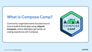 This work is licensed under the Apache 2.0 License
What is Compose Camp?
Community-organized events focused around
how to build Android apps using Jetpack
Compose, where attendees get hands-on
coding experience with Compose.
 