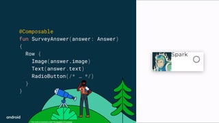 This work is licensed under the Apache 2.0 License
@Composable
fun SurveyAnswer(answer: Answer)
{
Row {
Image(answer.image)
Text(answer.text)
RadioButton(/* … */)
}
}
 
