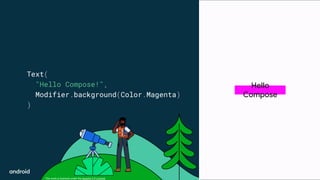 This work is licensed under the Apache 2.0 License
Text(
"Hello Compose!",
Modifier.background(Color.Magenta)
)
Hello
Compose
 
