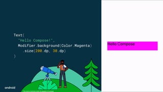 This work is licensed under the Apache 2.0 License
Text(
"Hello Compose!",
Modifier.background(Color.Magenta)
.size(200.dp, 30.dp)
)
Hello Compose
 