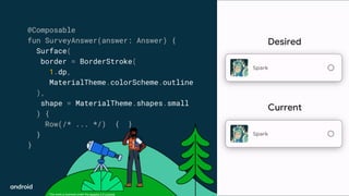 This work is licensed under the Apache 2.0 License
@Composable
fun SurveyAnswer(answer: Answer) {
Surface(
border = BorderStroke(
1.dp,
MaterialTheme.colorScheme.outline
),
shape = MaterialTheme.shapes.small
) {
Row(/* ... */) { }
}
}
Desired
Current
 