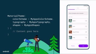 This work is licensed under the Apache 2.0 License
MaterialTheme(
colorScheme = MyAppsColorScheme,
typography = MyAppsTypography,
shapes = MyAppsShapes
) {
// Content goes here
}
 