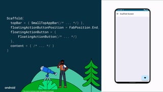 This work is licensed under the Apache 2.0 License
Scaffold(
topBar = { SmallTopAppBar(/* ... */) },
floatingActionButtonPosition = FabPosition.End,
floatingActionButton = {
FloatingActionButton(/* ... */)
},
content = { /* ... */ }
)
 