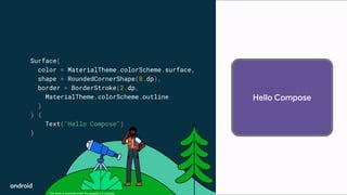 This work is licensed under the Apache 2.0 License
Surface(
color = MaterialTheme.colorScheme.surface,
shape = RoundedCornerShape(8.dp),
border = BorderStroke(2.dp,
MaterialTheme.colorScheme.outline
)
) {
Text("Hello Compose")
}
Hello Compose
 