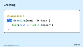 This work is licensed under the Apache 2.0 License
Greeting()
@Composable
fun Greeting(name: String) {
Text(text = "Hello $name!")
}
 