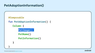This work is licensed under the Apache 2.0 License
PetAdoptionInformation()
@Composable
fun PetAdoptionInformation() {
Column {
PetImage()
PetName()
PetInformation()
}
}
 