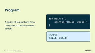 This work is licensed under the Apache 2.0 License
Program
A series of instructions for a
computer to perform some
action.
fun main() {
println("Hello, world!")
}
Output:
Hello, world!
 