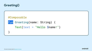 This work is licensed under the Apache 2.0 License
Greeting()
@Composable
fun Greeting(name: String) {
Text(text = "Hello $name!")
}
 