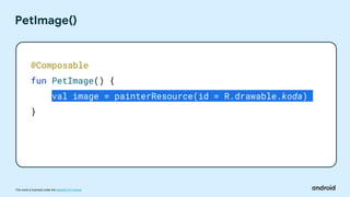 This work is licensed under the Apache 2.0 License
PetImage()
@Composable
fun PetImage() {
val image = painterResource(id = R.drawable.koda)
}
 