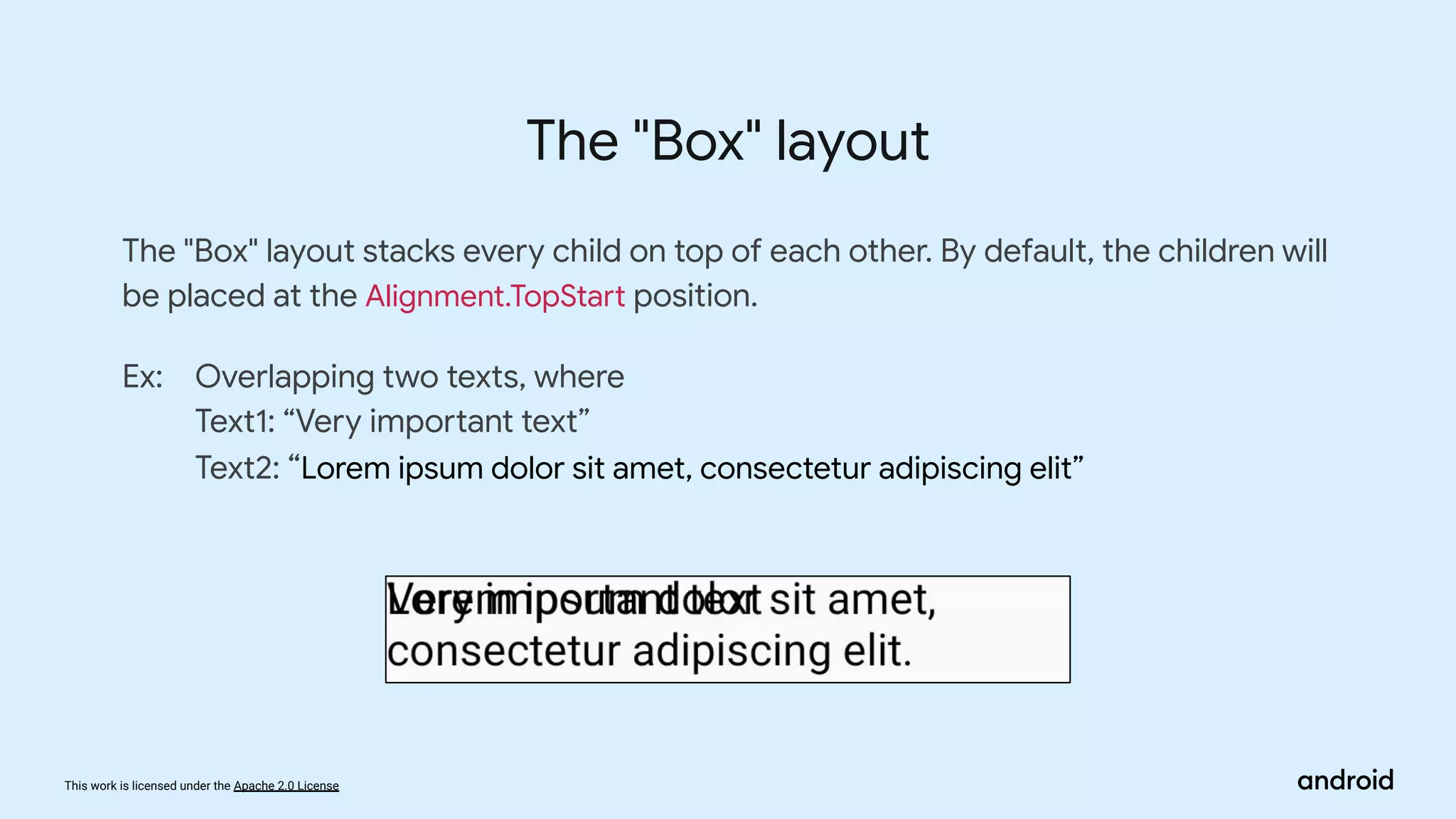 This work is licensed under the Apache 2.0 License
The "Box" layout stacks every child on top of each other. By default, the children will
be placed at the Alignment.TopStart position.
Ex: Overlapping two texts, where
Text1: “Very important text”
Text2: “Lorem ipsum dolor sit amet, consectetur adipiscing elit”
The "Box" layout
 