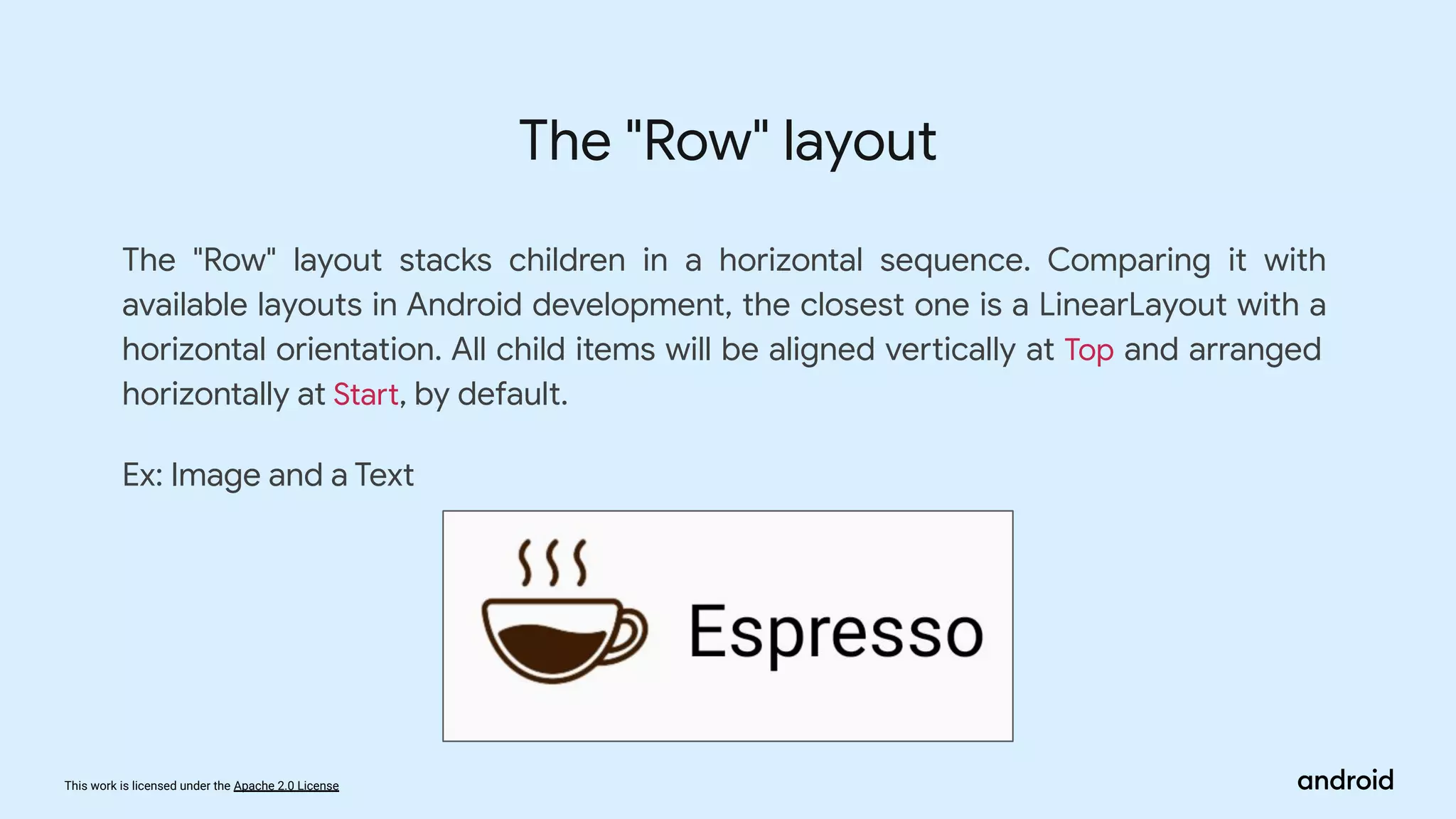 This work is licensed under the Apache 2.0 License
The "Row" layout stacks children in a horizontal sequence. Comparing it with
available layouts in Android development, the closest one is a LinearLayout with a
horizontal orientation. All child items will be aligned vertically at Top and arranged
horizontally at Start, by default.
Ex: Image and a Text
The "Row" layout
 