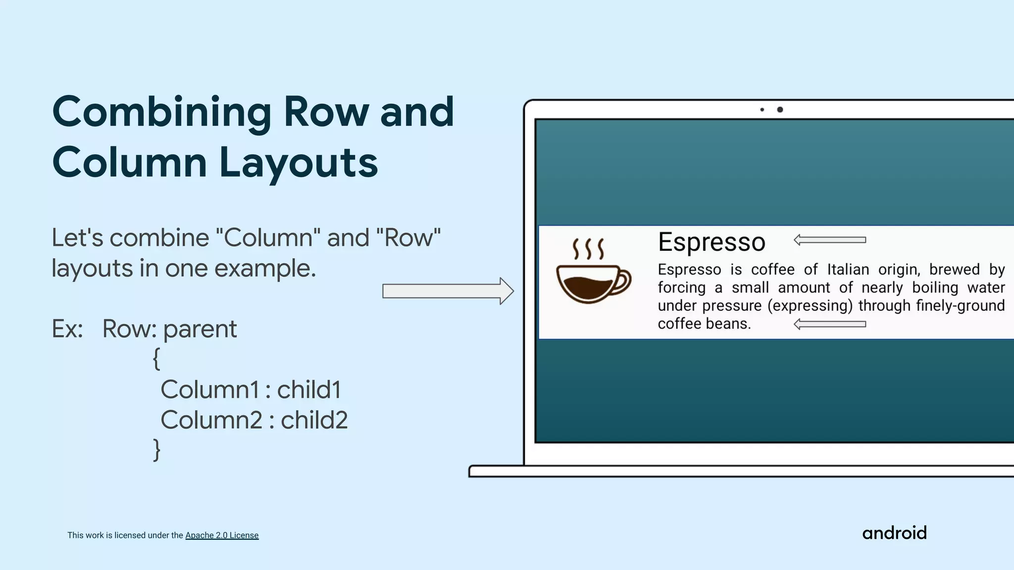 This work is licensed under the Apache 2.0 License
Let's combine "Column" and "Row"
layouts in one example.
Ex: Row: parent
{
Column1 : child1
Column2 : child2
}
Combining Row and
Column Layouts
 