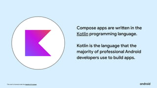 This work is licensed under the Apache 2.0 License
Compose apps are written in the
Kotlin programming language.
Kotlin is the language that the
majority of professional Android
developers use to build apps.
 
