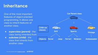 This work is licensed under the Apache 2.0 License
Inheritance
Car Parent class
Child car
classes
Sports
Vintage
Rover Jeep Ambassador
SUV
One of the most important
features of object-oriented
programming. It allows one
class to inherit features of
another class.
● superclass (parent) - the
class being inherited from
● subclass (child) - the
class that inherits from
another class
Ferrari Mclaren
Objects
 