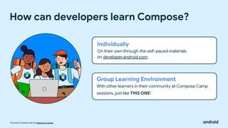 This work is licensed under the Apache 2.0 License
How can developers learn Compose?
Individually
On their own through the self-paced materials
on developer.android.com.
Group Learning Environment
With other learners in their community at Compose Camp
sessions, just like THIS ONE!
 