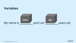 This work is licensed under the Apache 2.0 License
My name is and I am years old
Variables
name age
 