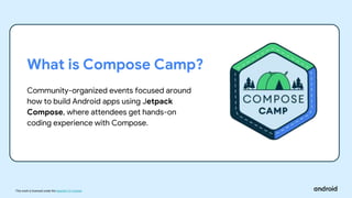 This work is licensed under the Apache 2.0 License
What is Compose Camp?
Community-organized events focused around
how to build Android apps using Jetpack
Compose, where attendees get hands-on
coding experience with Compose.
 
