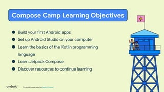 This work is licensed under the Apache 2.0 License
● Build your first Android apps
● Set up Android Studio on your computer
● Learn the basics of the Kotlin programming
language
● Learn Jetpack Compose
● Discover resources to continue learning
Compose Camp Learning Objectives
 