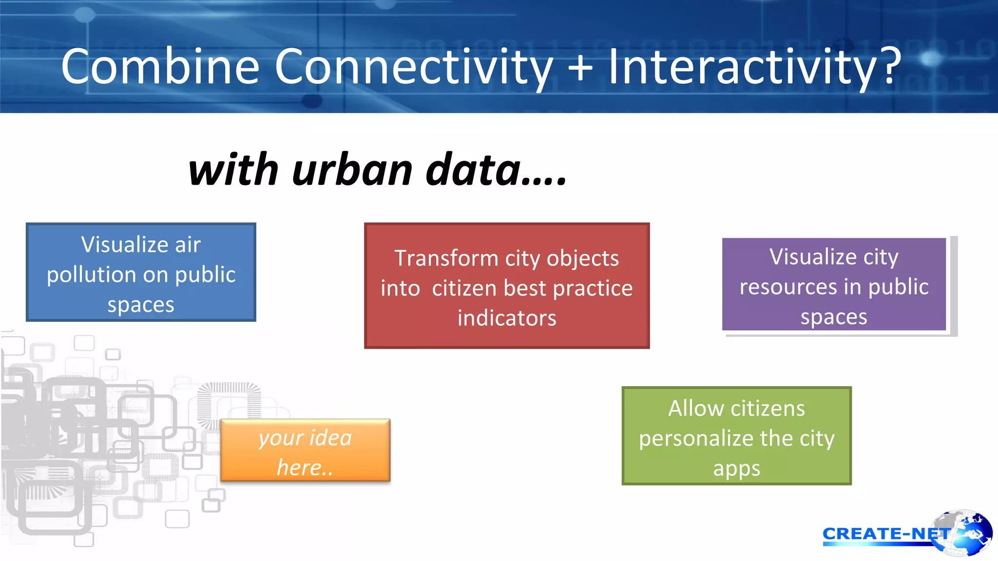 Combine Connectivity + Interactivity? 
with urban data…. 
Visualize air 
pollution on public 
spaces 
Transform city objects 
into citizen best practice 
indicators 
Visualize city 
Visualize city 
resources in public 
resources in public 
spaces 
spaces 
your idea 
here.. 
Allow citizens 
personalize the city 
apps 
 
