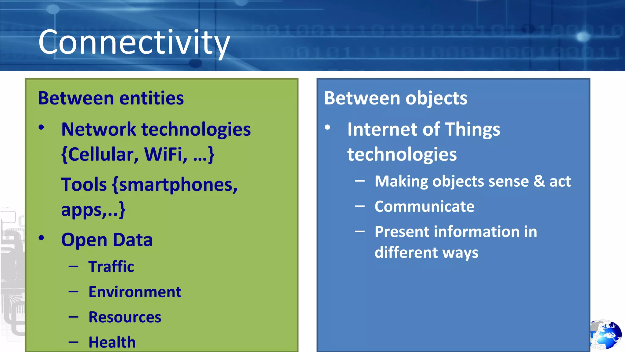 Connectivity 
Between entities 
• Network technologies 
{Cellular, WiFi, …} 
Tools {smartphones, 
apps,..} 
• Open Data 
– Traffic 
– Environment 
– Resources 
– Health 
Between objects 
• Internet of Things 
technologies 
– Making objects sense & act 
– Communicate 
– Present information in 
different ways 
 