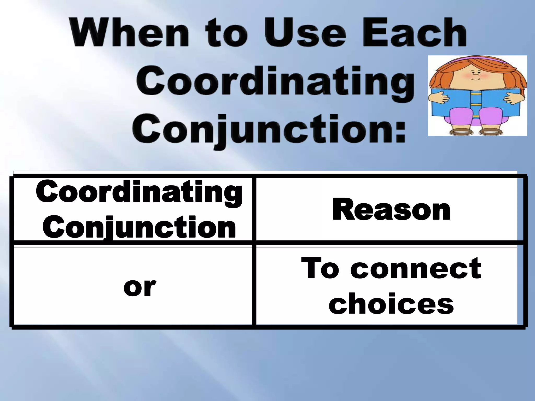 Coordinating
Conjunction
Reason
or
To connect
choices
 