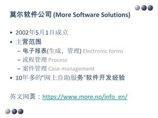 莫尔软件公司 (More Software Solutions)

• 2002年5月1日成立
• 主营范围
  – 电子报表(生成、管理) Electronic forms
  – 流程管理 Process
  – 案件管理 Case management
• 10年多的“网上自助服务”软件开发经验

英文网页：https://www.more.no/info_en/
 