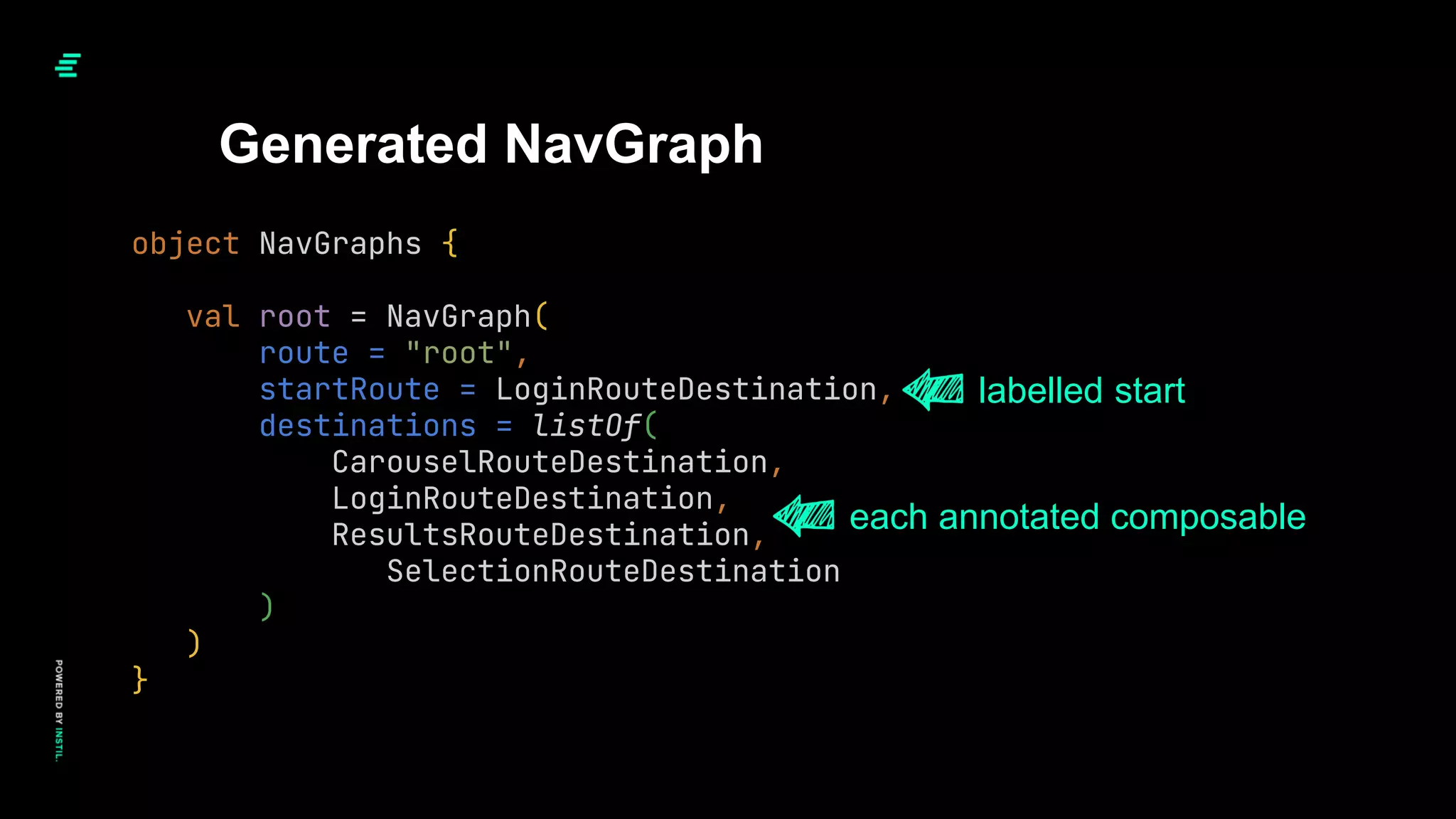 Generated NavGraph
object NavGraphs {
val root = NavGraph(
route = "root",
startRoute = LoginRouteDestination,
destinations = listOf(
CarouselRouteDestination,
LoginRouteDestination,
ResultsRouteDestination,
SelectionRouteDestination
)
)
}
each annotated composable
labelled start
 