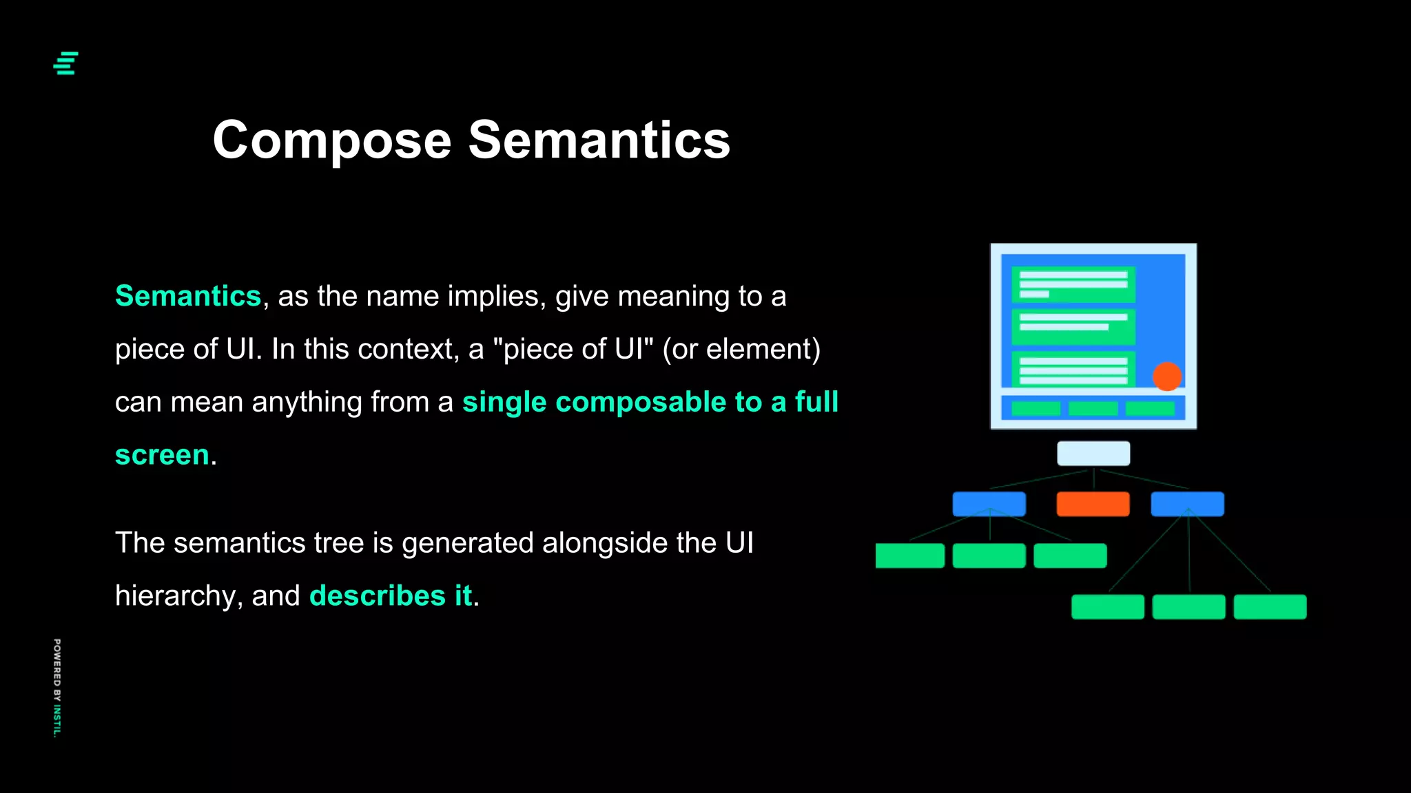 Compose Semantics
Semantics, as the name implies, give meaning to a
piece of UI. In this context, a "piece of UI" (or element)
can mean anything from a single composable to a full
screen.
The semantics tree is generated alongside the UI
hierarchy, and describes it.
 
