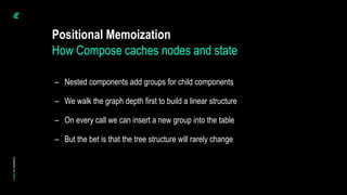– Nested components add groups for child components
– We walk the graph depth first to build a linear structure
– On every call we can insert a new group into the table
– But the bet is that the tree structure will rarely change
Positional Memoization
How Compose caches nodes and state
 