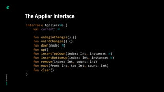 interface Applier<N> {
val current: N
fun onBeginChanges() {}
fun onEndChanges() {}
fun down(node: N)
fun up()
fun insertTopDown(index: Int, instance: N)
fun insertBottomUp(index: Int, instance: N)
fun remove(index: Int, count: Int)
fun move(from: Int, to: Int, count: Int)
fun clear()
}
The Applier Interface
 