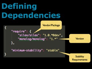 Defining
Dependencies
        Vendor/Package



                           Version




                           Stability
                         Requirements
 