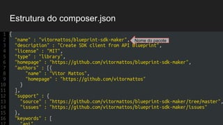 Estrutura do composer.json
{
"name" : "vitormattos/blueprint-sdk-maker",
"description" : "Create SDK client from API Blueprint",
"license" : "MIT",
"type" : "library",
"homepage" : "https://github.com/vitormattos/blueprint-sdk-maker",
"authors" : [{
"name" : "Vitor Mattos",
Nome do pacote
 