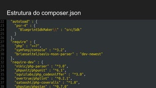 Estrutura do composer.json
"autoload" : {
"psr-4" : {
"BlueprintSdkMaker" : "src/Sdk"
}
},
"require" : {
"php" : ">=7",
"symfony/console" : "^3.2",
 