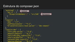 Estrutura do composer.json
"autoload" : {
"psr-4" : {
"BlueprintSdkMaker" : "src/Sdk"
}
},
"require" : {
"php" : ">=7",
"symfony/console" : "^3.2",
Autoload
Namespace
 