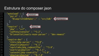 Estrutura do composer.json
"autoload" : {
"psr-4" : {
"BlueprintSdkMaker" : "src/Sdk"
}
},
"require" : {
"php" : ">=7",
"symfony/console" : "^3.2",
Autoload
Namespace
Require
 