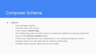 Composer Schema
● require:
○ Lists packages required.
○ Package names with version.
○ It also support stability flags,
○ The stability flags allow to further restrict or expand the stability of a package beyond the
scope of the minimum-stability setting.
○ If one of your dependencies has a dependency on an unstable package you need to
explicitly require it as well, along with its sufficient stability flag.
○ Available options are dev, alpha, beta, RC, and stable.
 