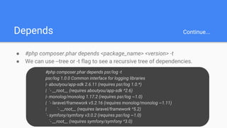 Depends Continue...
● #php composer.phar depends <package_name> <version> -t
● We can use --tree or -t flag to see a recursive tree of dependencies.
#php composer.phar depends psr/log -t
psr/log 1.0.0 Common interface for logging libraries
|- aboutyou/app-sdk 2.6.11 (requires psr/log 1.0.*)
| `- __root__ (requires aboutyou/app-sdk ^2.6)
|- monolog/monolog 1.17.2 (requires psr/log ~1.0)
| `- laravel/framework v5.2.16 (requires monolog/monolog ~1.11)
| `- __root__ (requires laravel/framework ^5.2)
`- symfony/symfony v3.0.2 (requires psr/log ~1.0)
`- __root__ (requires symfony/symfony ^3.0)
 