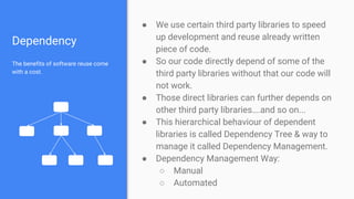 Dependency
The benefits of software reuse come
with a cost.
● We use certain third party libraries to speed
up development and reuse already written
piece of code.
● So our code directly depend of some of the
third party libraries without that our code will
not work.
● Those direct libraries can further depends on
other third party libraries….and so on...
● This hierarchical behaviour of dependent
libraries is called Dependency Tree & way to
manage it called Dependency Management.
● Dependency Management Way:
○ Manual
○ Automated
 