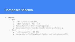 Composer Schema
● version:
○ Tilde
■ ~1.2 is equivalent to >=1.2 <2.0.0,
■ ~1.2.3 is equivalent to >=1.2.3 <1.3.0
■ To mar...