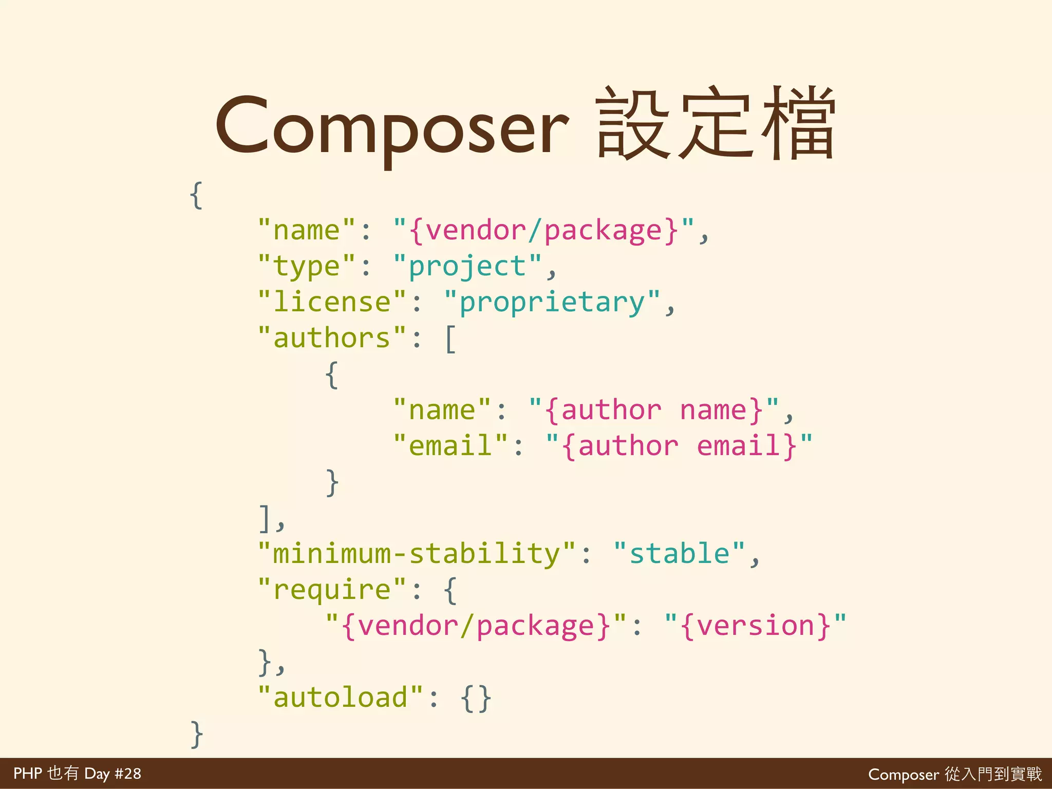 Composer 是PHP Day #28
Composer
• 為 成會
• Composer
$'cd'~/Code/{MyProject}
$'composer'init
(那 給 'composer.json)
 