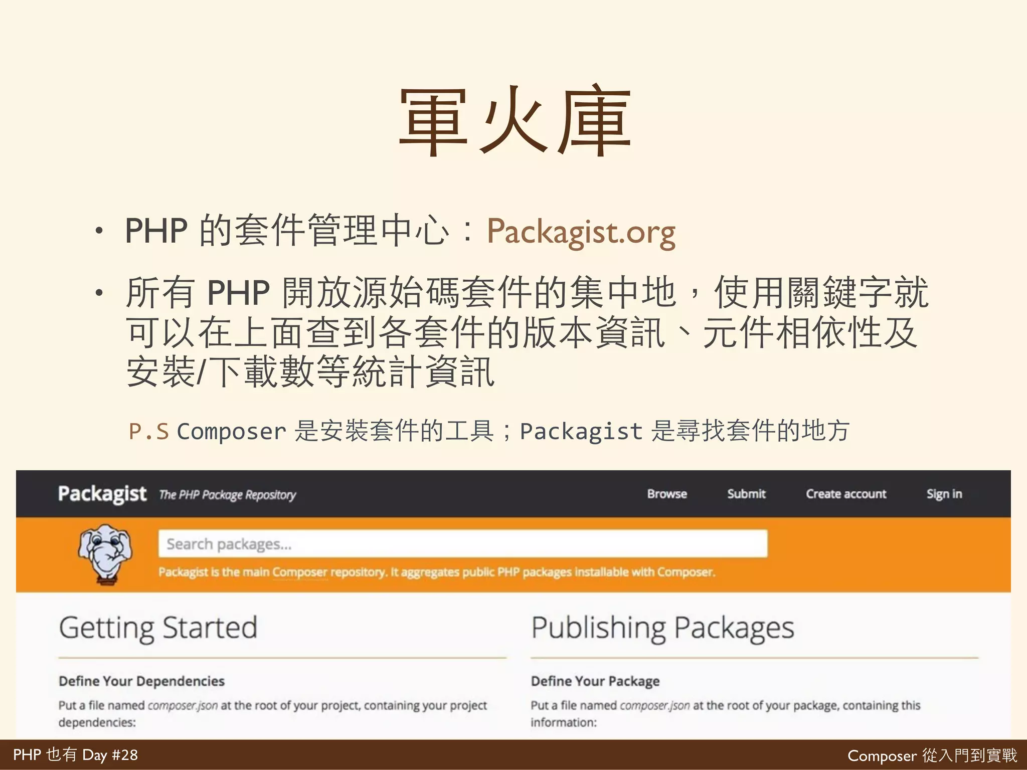 Composer 是PHP Day #28
{'
''''"name":'"{vendor/package}",'
''''"type":'"project",'
''''"license":'"proprietary",'
''''"authors":'['
''''''''{'
''''''''''''"name":'"{author'name}",'
''''''''''''"email":'"{author'email}"'
''''''''}'
''''],'
''''"minimum>stability":'"stable",'
''''"require":'{'
''''''''"{vendor/package}":'"{version}"'
''''},'
''''"autoload":'{}'
}
Composer ⼼心 再
 