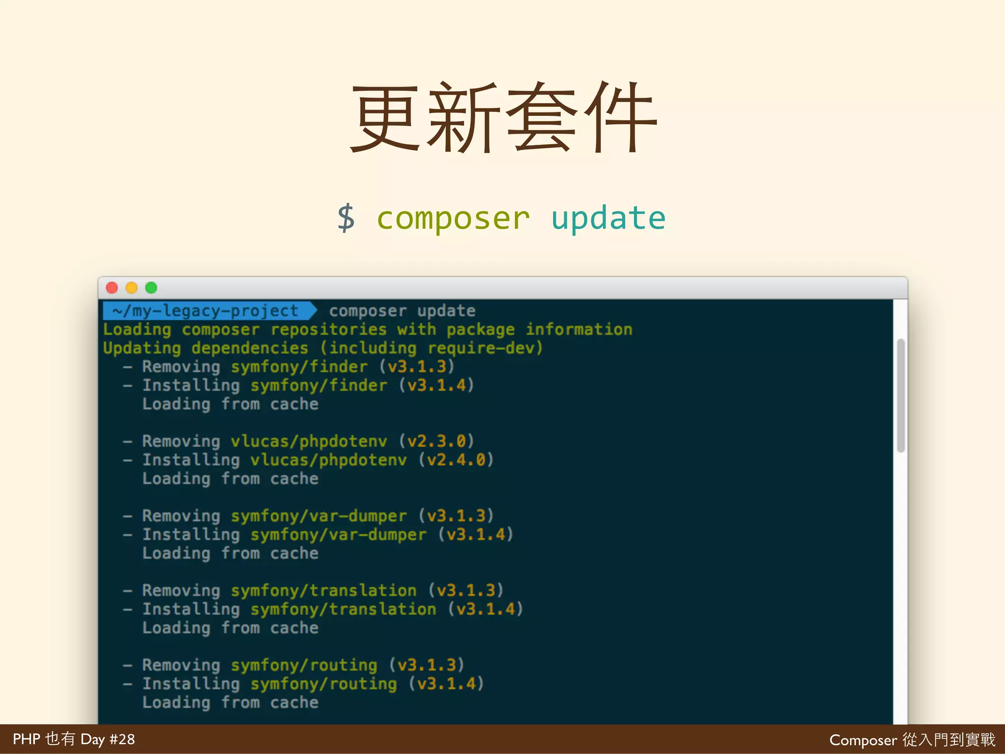 Composer 是PHP Day #28
$'composer'require'{vendor}/{project}'
$'composer'install
 