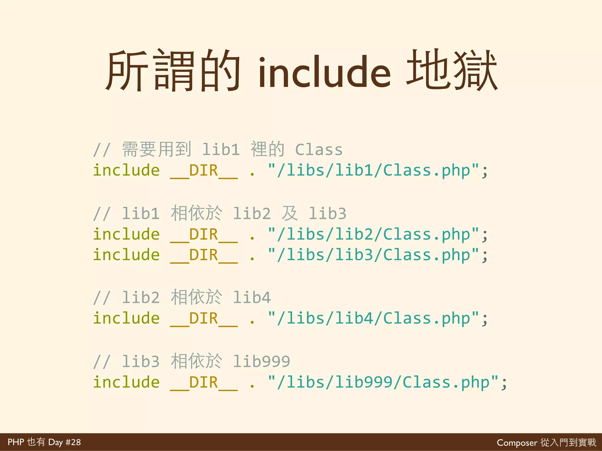 Composer 是PHP Day #28
PHP
三只
HTTP
⾝身
要成會
index.php
posts.php
inc/
libs/
出 ⼼心 再
多
A
B
classes/
bootstrap.php
那 URL
php 再
 