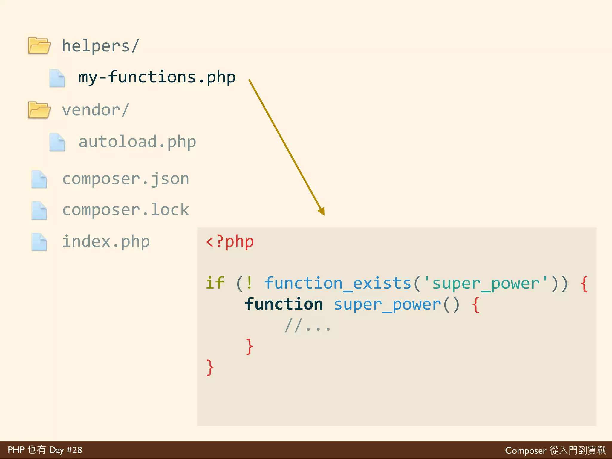 Composer 是PHP Day #28
files
{'
''''"autoload":'{'
''''''''"files":'{'
''''''''''''"helpers/my>functions.php"'
''''''''},'
''''}'
}
$'composer'dump>autoload
 