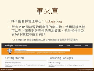 Composer 是PHP Day #28
{'
''''"name":'"{vendor/package}",'
''''"type":'"project",'
''''"license":'"proprietary",'
''''"authors":'['
''''''''{'
''''''''''''"name":'"{author'name}",'
''''''''''''"email":'"{author'email}"'
''''''''}'
''''],'
''''"minimum>stability":'"stable",'
''''"require":'{'
''''''''"{vendor/package}":'"{version}"'
''''},'
''''"autoload":'{}'
}
Composer ⼼心 再
 