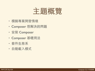 Composer 是PHP Day #28
{'
''''"name":'"shengyou/self>introduction",'
''''"description":'" 還增",'
''''"authors":'['
''''''''{'
''''''''''''"name":'"主 '(Shengyou'Fan)",'
''''''''''''"email":'"shengyoufan@gmail.com",'
''''''''''''"homepage":'"http://www.shengyoufan.com",'
''''''''''''"company":'" 覺 '(The'Qwan)",'
''''''''''''"role":'[" 兩 ",'"Laravel' ⼀一以"]'
''''''''}'
''''],'
''''"support":'{'
''''''''"facebook":'"http://fb.me/shengyoufan",'
''''''''"twitter":'"@shengyou"'
''''}'
}
 