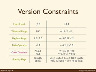 Composer 是PHP Day #28
0.1.0 0.2.0 1.0.1 1.1.0
0.1.1 1.0.0 1.0.2 2.0.0
'
享
享 '
'
'
享
'
'
'
'
 
