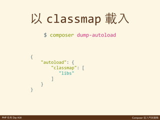 Composer 是PHP Day #28
index.php
composer.lock
composer.json
vendor/
app/
autoload.php
MyAwesomeClass.php
<?php'
require'__DIR__.'/vendor/autoload.php';'
use'AppMyAwesomeClass;'
$awesomeness'='new'MyAwesomeClass();'
?>
 