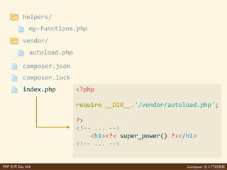 Composer 是PHP Day #28
index.php
composer.lock
composer.json
vendor/
helpers/
autoload.php
my>functions.php
<?php'
if'(!'function_exists('super_power'))'{'
''''function'super_power()'{'
''''''''//...'
''''}'
}
 